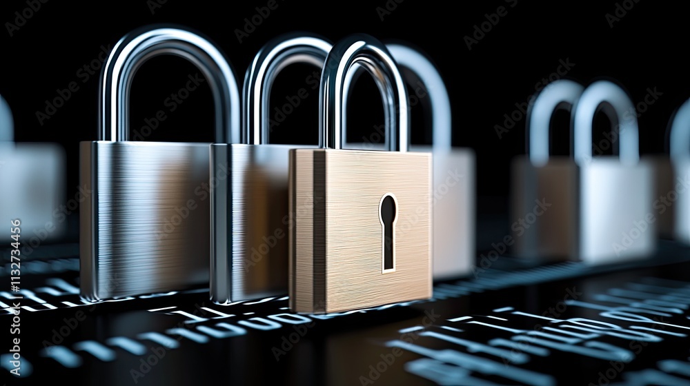 Poster a professional visual representation of cyber security featuring a digital padlock and flowing binar