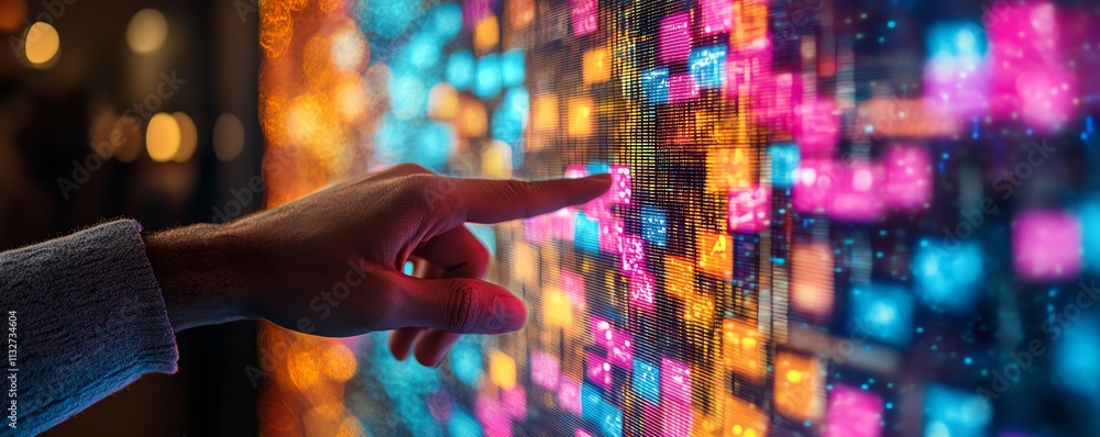 Poster hand interacting with a digital screen covered in colorful sticky notes and data streams, showcasing
