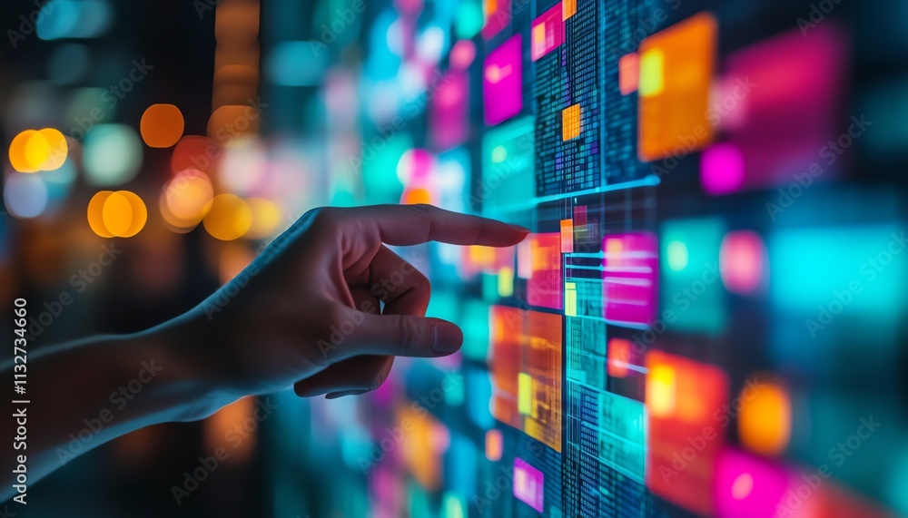Poster Hand pointing at a digital display with sticky notes and vibrant data, symbolizing the connection between technology, data analysis, and organization