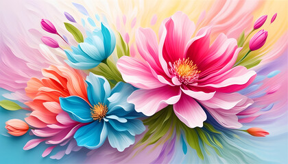 Obraz premium vksna, blooming flowers, picture on the wall. pink flowers. red, blue, Spring theme image, banner, wall decoration. blooming flowers - aesthetic illustration - oil painting