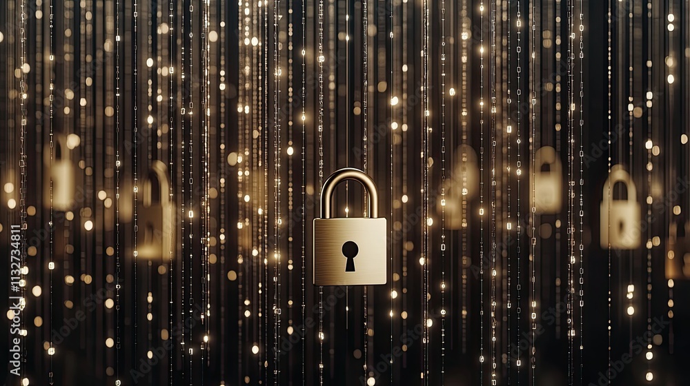Poster a professional visual representation of cyber security featuring a digital padlock and flowing binar