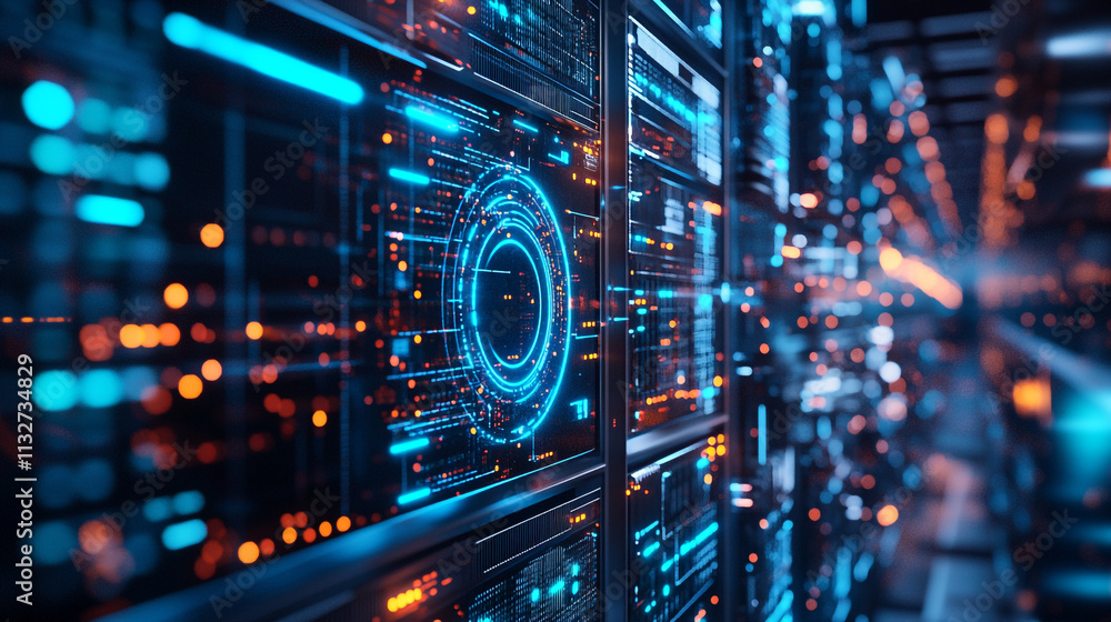 Poster modern digital data center with illuminated server racks and vibrant technology patterns at night