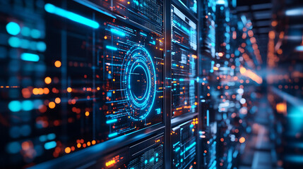 Obraz premium Modern digital data center with illuminated server racks and vibrant technology patterns at night