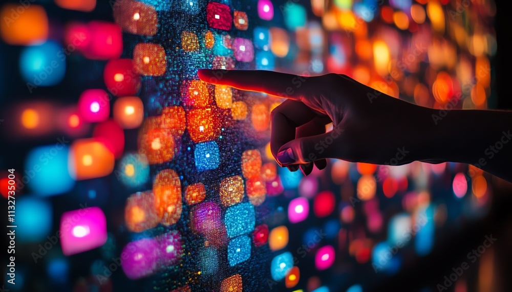Poster Hand pointing at a digital screen filled with colorful sticky notes and data, representing organization, technology, and information management, vibrant and interactive concept