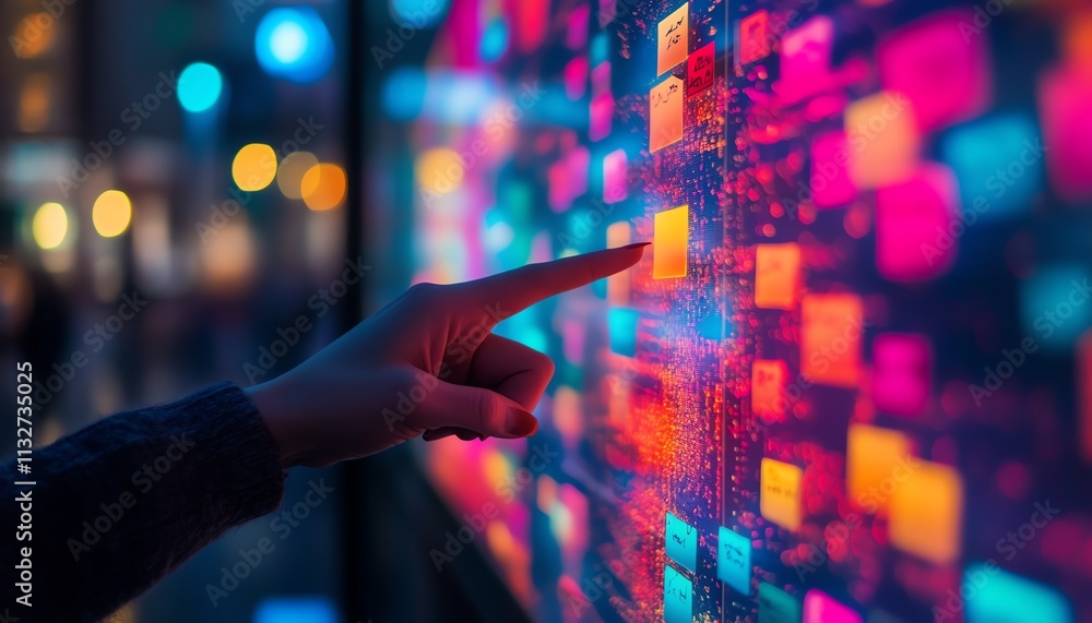 Leinwandbilder hand pointing at a digital screen filled with colorful sticky notes and data, representing organizat
