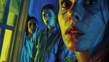 Obraz premium Stylized Portrait of Three Women in Blue and Green Lighting