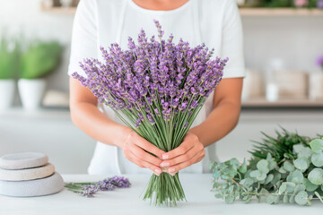 Woman holding a fresh lavender bouquet on a white table at a florist shop