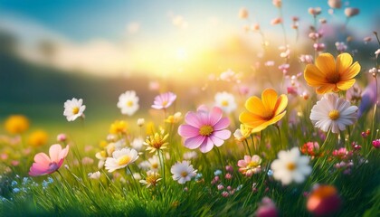 nature floral background in early summer colorful natural spring landscape with with flowers soft selective focus generative ai illustration