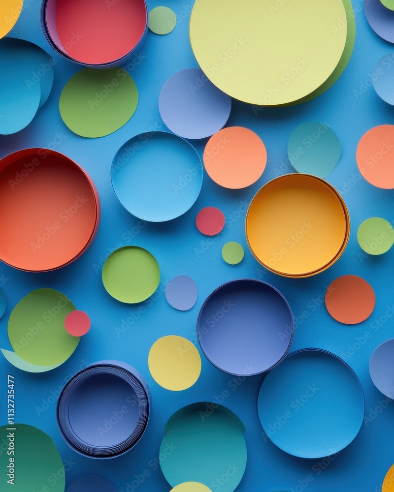 Poster a vibrant arrangement of colorful paper circles in various sizes on a blue background, creating a pl