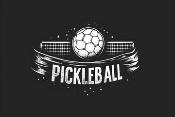 Fototapeta premium Pickleball logo design with ball and net, vintage sports emblem, trendy pickleball art, dynamic logo for clubs, modern athletic branding, monochrome pickleball illustration