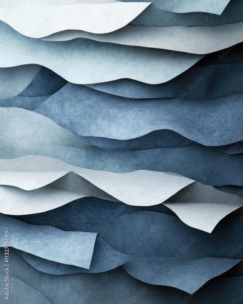 Poster abstract layered paper texture in shades of blue and gray, creating a serene and modern visual effec