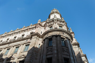 Beautiful vintage building architecture with columns in Spain, Barcelona