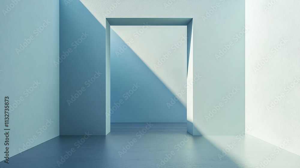 Poster minimalist architecture features a geometric space with sharp light and shadows