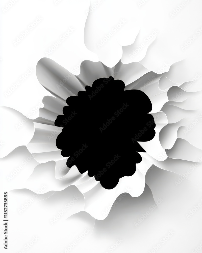 Poster abstract black shape emerging from a textured white background, creating a sense of depth and curios