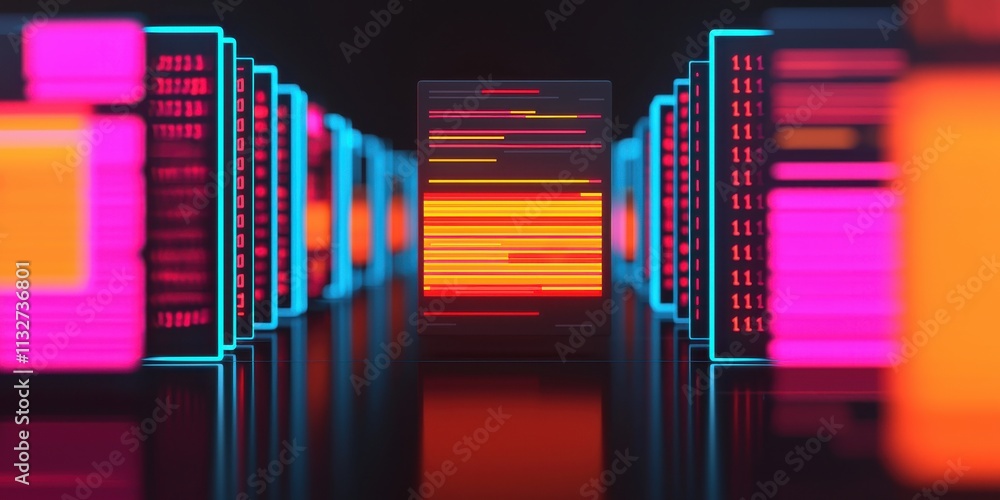Poster a vibrant digital landscape featuring glowing data panels arranged in rows, creating a futuristic an