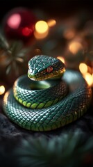 Obraz premium Vibrant green snake coiled among twinkling lights in a festive setting during evening hours