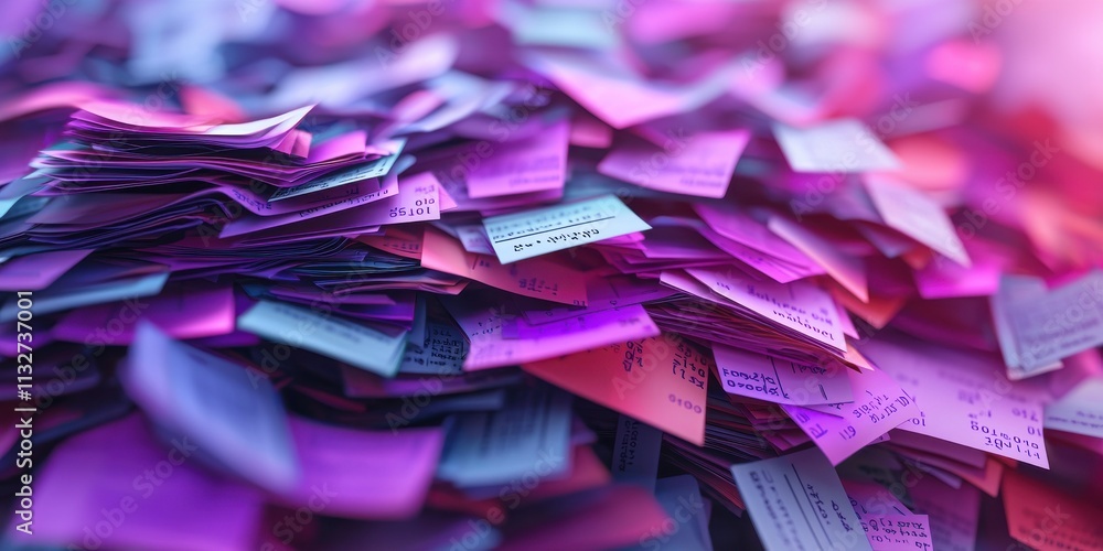 Poster a vibrant pile of sticky notes in shades of purple and pink, creating a visually appealing and color