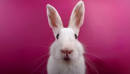 Obraz premium portrait of a white cute rabbit with surprised expression on a pink background surprised looking rabbit generative ai