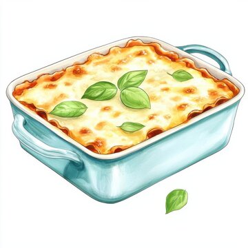 baked lasagna in blue dish with basil clip art preview