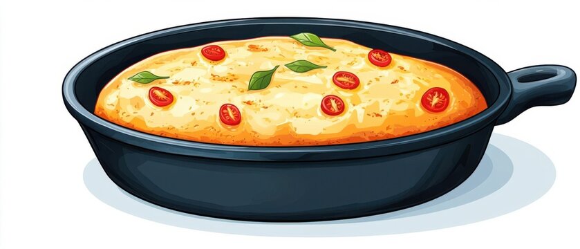A cast iron skillet with cornbread clipart, rustic cookware, cartoon drawing style, isolated on white background