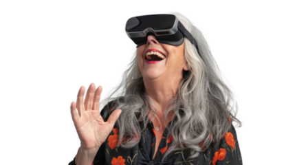 American caucasian senior businesswoman watching vr glasses laughing and gesturing with hand on white background

