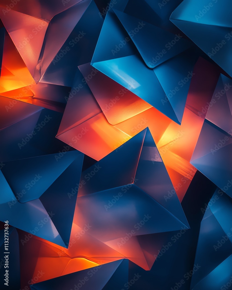 Fototapete vibrant abstract background with blue and orange envelopes floating in dark space, dynamic colors an