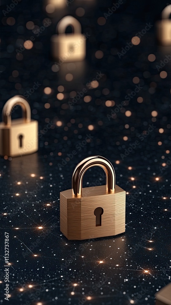 Poster a professional visual representation of cyber security featuring a digital padlock and flowing binar
