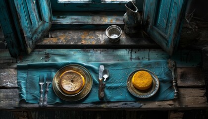 Rustic table setting with two plates, cutlery, and a pitcher on a wooden table.