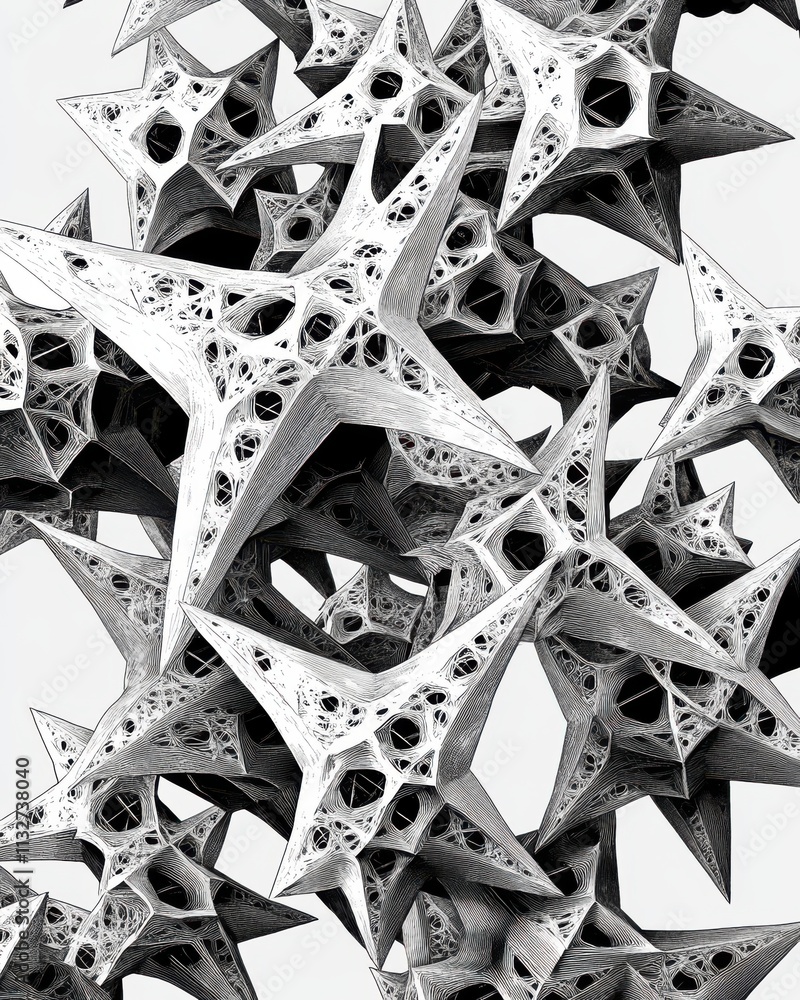 Poster Abstract monochrome design featuring intricate star-shaped structures, creating a dynamic visual effect.