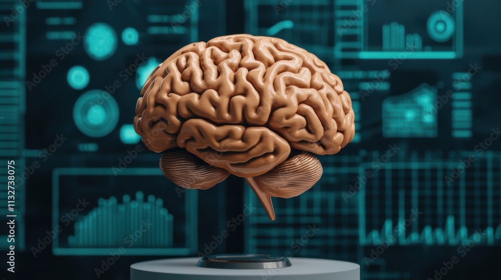 Poster a detailed brain sculpture against a backdrop of digital data and graphs, highlighting the intersect
