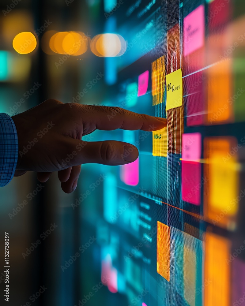 Poster A hand pointing at a digital screen with sticky notes and colorful data visualizations, representing a futuristic approach to data management and workflow efficiency