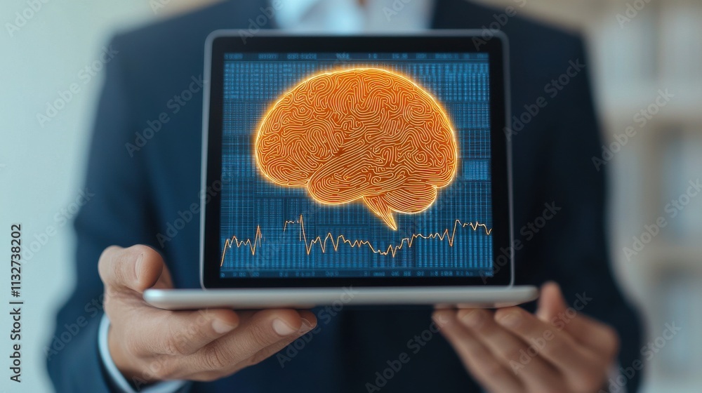 Poster a businessman holds a tablet displaying a stylized brain image, symbolizing innovation, technology, 