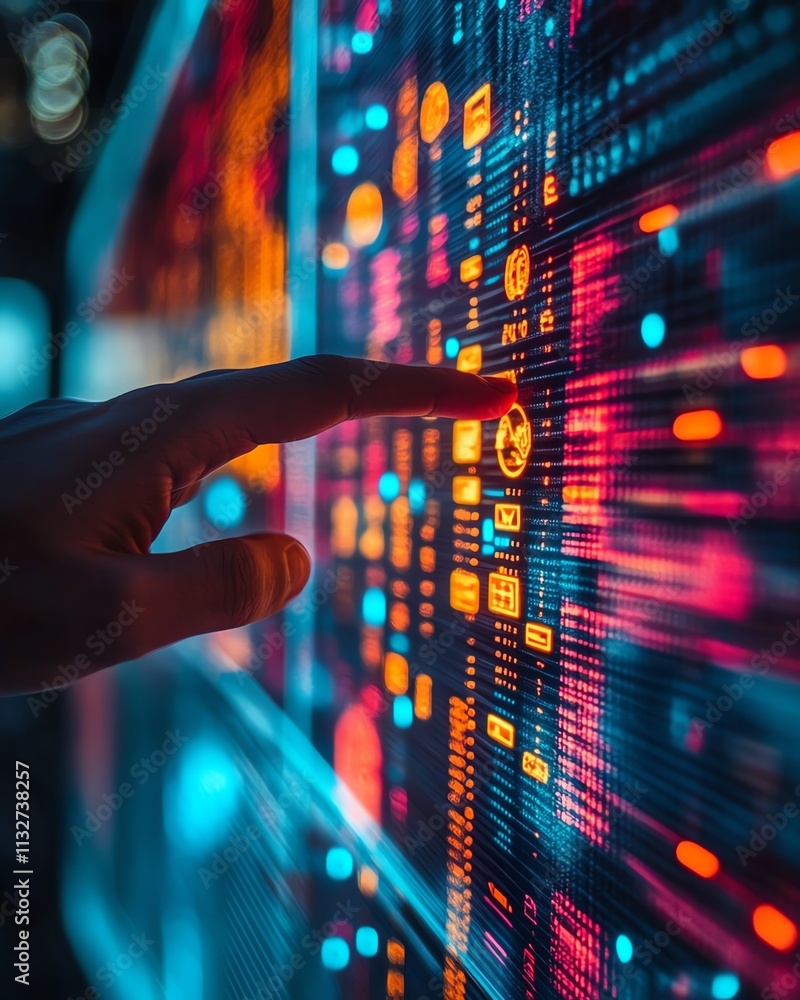 Poster A hand pointing at a digital screen with sticky notes and colorful data visualizations, representing a futuristic approach to data management and workflow efficiency