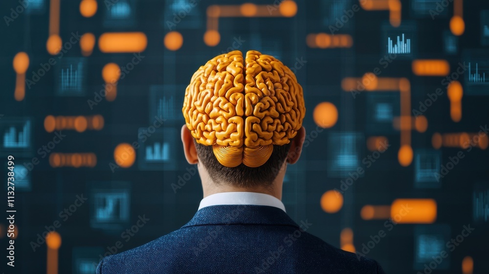 Poster a person in a suit with a brain-shaped head faces a digital background filled with data and analytic