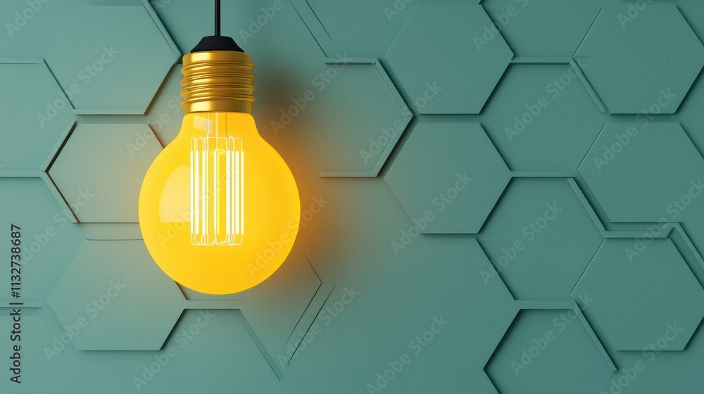 Poster a stylish yellow light bulb hangs against a hexagonal-patterned teal wall, creating a modern and inv