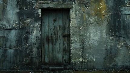Weathered Wooden Door in a Decaying Wall
