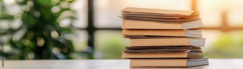 Poster a stack of old, worn books sits on a table with a soft background glow, reflecting a cozy and nostal