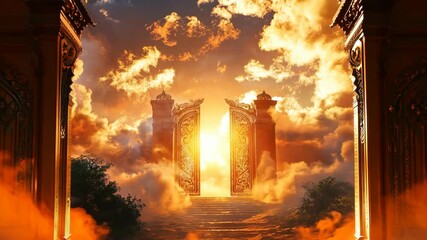Ornate golden gates part to reveal a glowing, radiant sky, surrounded by clouds and a sense of divine serenity. - Powered by Adobe