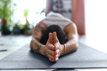 Hands, person and yoga of meditation at house for holistic fitness, spiritual healing and...
