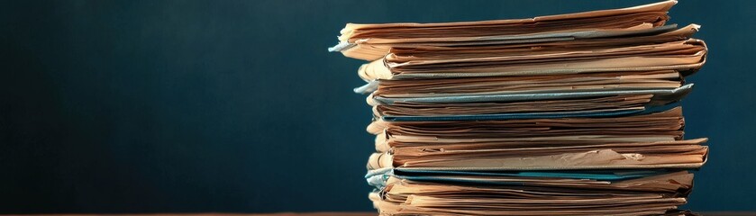 A stack of aged, worn books with frayed edges, resting on a surface against a softly colored background.