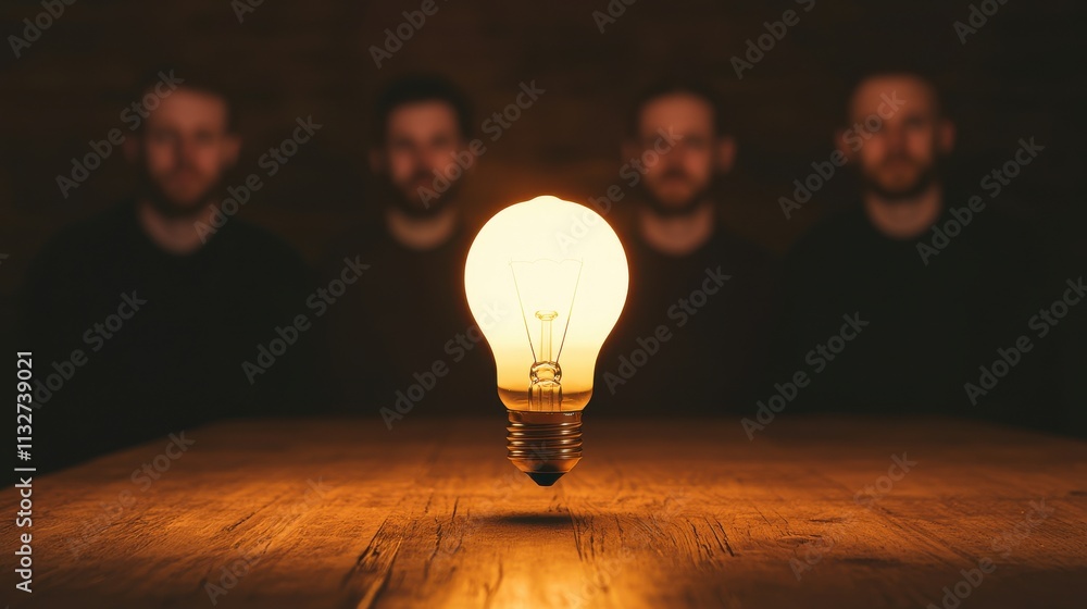 Poster a glowing light bulb hovers above a table, with three shadowy figures in the background, creating an