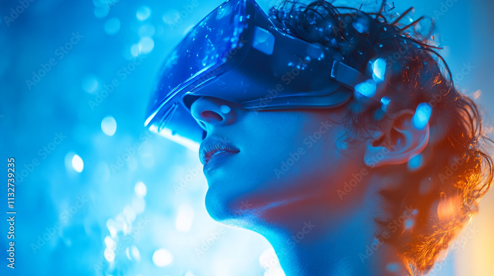 Poster experiencing virtual reality in a vibrant, illuminated environment