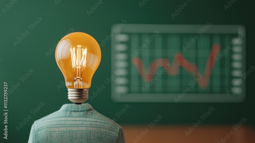 Poster a person with a light bulb for a head stands in front of a green board displaying a fluctuating grap