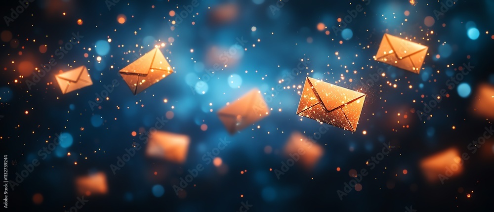 Poster abstract background of blue and orange envelopes floating in a dark space, symbolizing communication