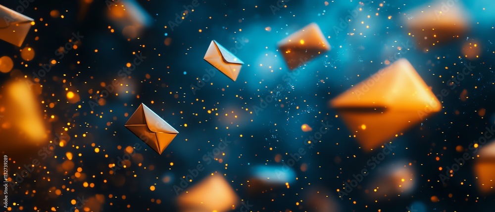 Aufkleber abstract background of blue and orange envelopes floating in a dark space, symbolizing communication