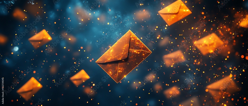 Aufkleber abstract background of blue and orange envelopes floating in a dark space, symbolizing communication