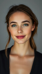 Naklejka premium Beautiful fresh girl with perfect skin, natural make-up. Beauty face, studio lighting, with white tones