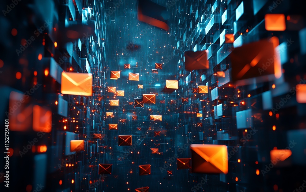 Fototapete abstract dark space with floating blue and orange envelopes, a visually striking scene symbolizing t