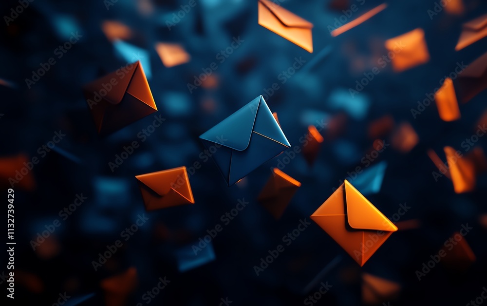 Aufkleber abstract dark space with floating blue and orange envelopes, a visually striking scene symbolizing t