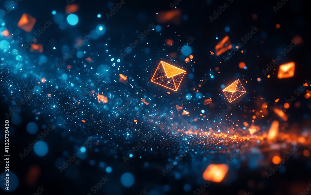 Aufkleber abstract dark space with floating blue and orange envelopes, a visually striking scene symbolizing t